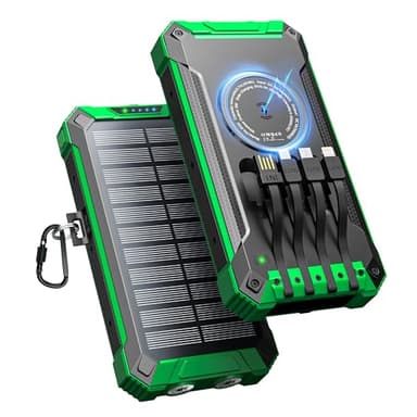Power Bank Solar 26800mAh con 4 Cables, Cargador Solar Inalámbrico Portátil Power Bank USB-C 15W Carga Rápida 6 Salidas 3 Entradas para Teléfono, Cargador Solar Batería Externa con Linterna, Mosquetón