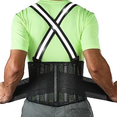 Fitomo Faja Lumbar Hombre Trabajo con Tirantes Reflectantes y 7 Ferulas, Tejido de Malla Ultra Fino, Faja Lumbar Mujer Dolor Espalda, Faja Lumbar Ortopedica para Trabajo Deporte Moto Motorista