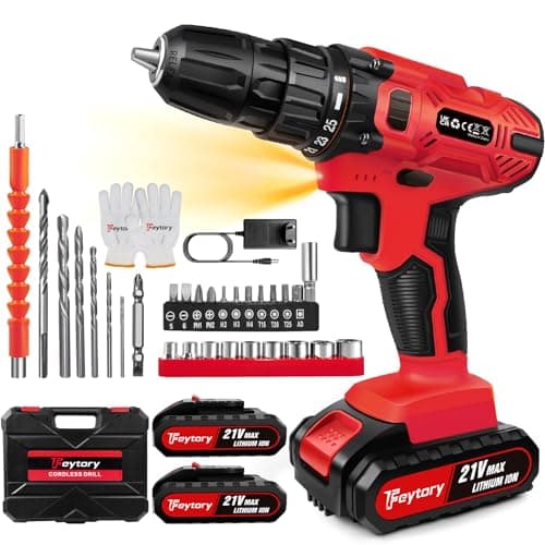 Taladro Atornillador 21V, 45N.m Atornillador Eléctrico, Taladro Combinado Inalámbrico con 25+1 de par de apriete, 2 x 1.5 Ah Batería, 29PCS Accesorios, 2 Velocidades, Luz LED,Cargador Rápido