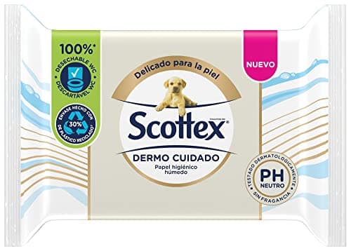 Scottex Papel Higiénico Húmedo Dermo Cuidado PH Neutro para Pieles Delicadas, Biodegradable y Sin Plástico, 66 Toallitas Húmedas Desechables por WC