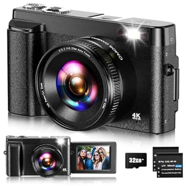 Cámara Digital 4K,Cámara de Fotos de Vlogging con Tarjeta 32G, 48MP Cámara Compacta con Pantalla Abatible de 180° y Lente UV, Cámara de Fotos para Adolescentes, Principiantes y Adultos