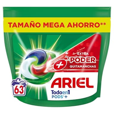 ARIEL PODS Todo en 1 Detergente Lavadora Líquido en Cápsulas/Pastillas, 63 Lavados, Más Poder Extra Quitamanchas, Limpieza Profunda