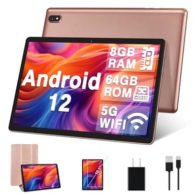 Tablet 10 Pulgadas Android 12 con 5G WiFi, HD Tablets con 4GB RAM (Ampliable hasta 8 GB RAM) + 64GB ROM ( TF 1TB), 8 Cores 2.0 GHz, Bluetooth 5.0, Cámara Dual 5MP + 5MP, 6000 mAh, Oro Rose Tablet