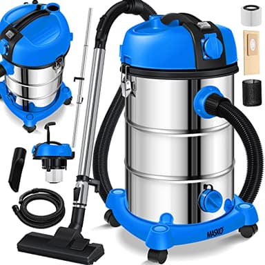 Masko® Aspirador Industrial, en seco y húmedo, Acero Inoxidable 2300W + Enchufe función de soplado | con y sin Bolsa, Azul
