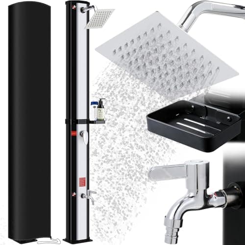 LIFERUN Ducha Solar 35 litros, Ducha de Jardín con Cabezal de Ducha, Grifo, Caja de Jabón y Cubierta Protectora, Temperatura del Agua hasta 60°C, Ducha de Piscina Camping sin Conexión Eléctrica