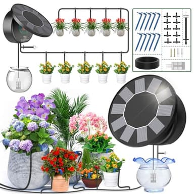 TRJZWA Sistema de Riego Solar para Jardín,Riego por Goteo Automatico Kit Solar con 9 Programas de Riego Manguera de 15 m para Jardín/Plantas de Balcón/Plantas en Macetas al Aire Libre
