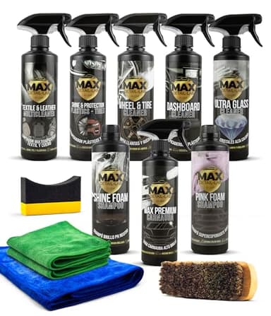 MAX DETAIL-LAB - Detailing Pack - Kit Limpieza Coche Accesorios Incluidos, Productos Limpieza Exterior e Interior, Limpia Llantas, Champu, Cera Líquida, Tapicerias, Salpicaderos, Limpiacristales