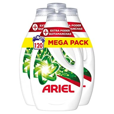 Ariel Detergente Lavadora Liquido, 120 Lavados (4x30), Jabon Quitamanchas, Mas Poder Extra Quitamanchas, Limpieza Profunda