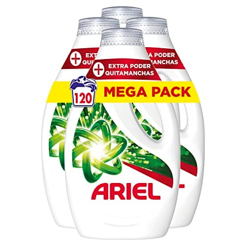 Ariel Detergente Lavadora Liquido, 120 Lavados (4x30), Jabon Quitamanchas, Mas Poder Extra Quitamanchas, Limpieza Profunda