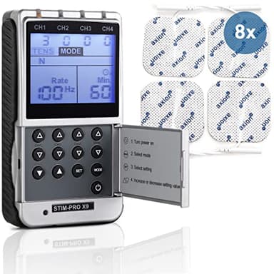 Electroestimulador analgésico y muscular STIM-PRO X9+ axion | TENS alivio de dolor, EMS fortalecimiento de músculos, masajes relajantes y entremaniento de suelo pélvico | Incluye 8 electrodos