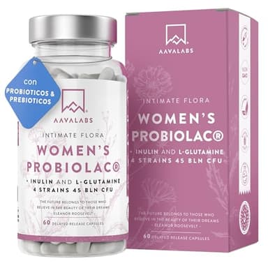 Probioticos mujer Superconcentrado con 4 cepas bacterianas distintas – Lactobacillus – 45 mil millones UFC por dosis – con inulina y L glutamina – sin GMO, gluten ni lactosa – 60 cápsulas