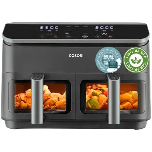 Cosori Freidora de Aire Grande con Doble Cesta 8,5L Air Fryer, Alta Pontencia y Velocidad, Max 8-10 Personas, 10 Funciones, Acero Inox Interior con Fianza, Más Sano, Panel Táctil Intuitivo, Limpiable