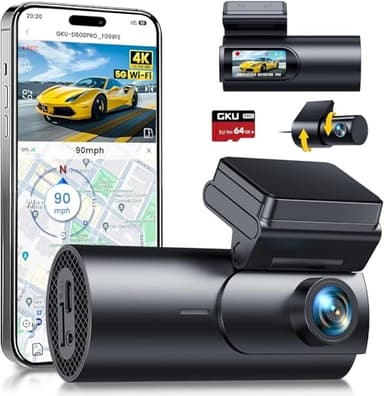 GKU 4K Dashcam, 5G WiFi GPS, Doble Dash CAM Coche, 1.5'' IPS Mini Camara Coche Grabadora con Tarjeta SD de 64GB, 24H Modo Aparcamiento, Visión Nocturna, WDR, 170° Gran Angular, Sensor G, App Control