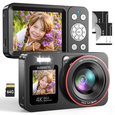 DEATTI Cámara Digital 4K 64MP FHD, Cámara de Fotos con Tarjeta de 64GB, Cámara Compacta Zoom 18X y 2 Baterías, Recargable Compacta Portátil Cámara para Niños Principiantes Adulto, Negro