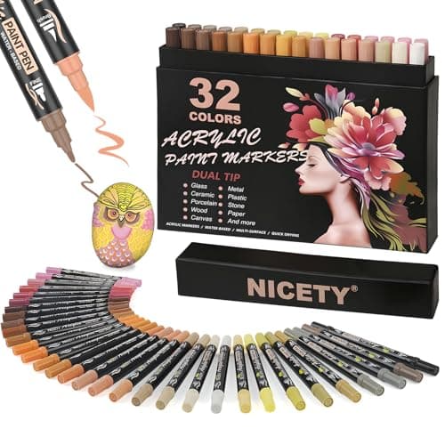 NICETY Rotuladores Acrílicos Permanentes - 32Colores Punta doble Pincel Marcadores para Tela Pintar Piedra Madera Vidrio Cerámica - Punta fina y Acrylic Paint Markers a base (Tonos de Piel)