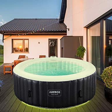 Arebos SPA Hinchable | Inflable automático | para Interior y Exterior | ⌀ 208 cm | 6 Personas | Banda Luminosa LED | 130 boquillas de Masaje | 1000 L | Incluye Cubierta | Bubble SPA & Wellness Masaje