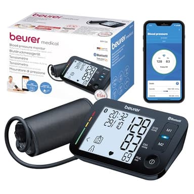 Beurer BM 54 Tensiómetro de brazo, tensiómetro digital con pantalla XL, conexión a aplicación con protección de datos certificada, detección de arritmias, manguito grande para brazo de 22-44 cm