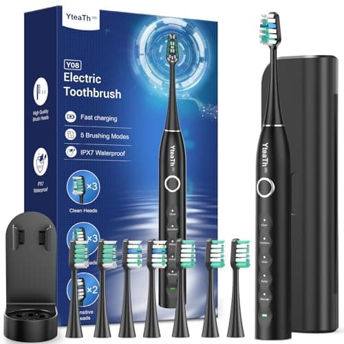 Cepillo de Dientes Eléctrico Sónico Adultos con 8 Cabezales - Cepillo Electrico Sónico Adultos con Estuche, 5 Modos, IPX7 Impermeable, Cepillo Dientes Electrico Viaje Recargable, Negro Mate