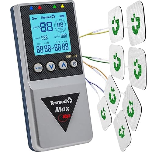TESMED MAX 830: Electroestimulador Muscular Profesional Tens/EMS/Masaje con Estimulación Secuencial, 4 Canales, 115 Programas de los cuales 20 Personalizables, Recargable, Incluye 20 Electrodos