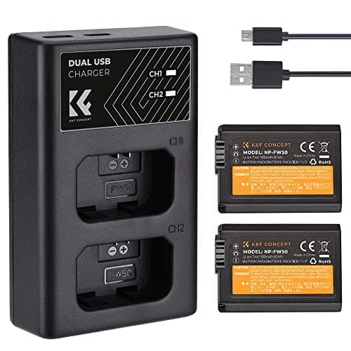 K&F Concept NP-FW50 Batería de Repuesto(2 Pack) con Cargador Dual USB,Sony NP-FW50 Batería de Cámara 1100mAh para NEX 3/5/6/7 Series,A6500,A6300,A6400,A7,A7II/RII/SII,A7S2,A7R2,A55,A5100,RX10 Series