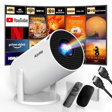 [App integrada] Mini Proyector 1080p 4K Support 2025 Upgraded Proyector Portátil Dual Control con Ratón Android TV WiFi 6 BT5.2 180° Rotation HDMI/TV Stick/USB/PS5/Laptop, con Cable HDMI y Ratón