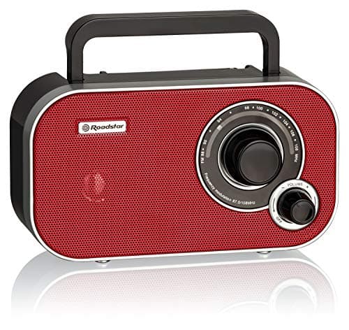 Roadstar TRA-2235RD Radio Portátil FM Analógica, Funciona a Red/Pilas, Toma de Auriculares, Transistor Pequeño y Ligero para Casa, Cocina, Altavoz 6.4W, Excelente Recepción, Rojo