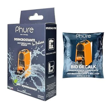 PHURE Descalcificador en polvo monodosis para máquina de café, hervidores, pequeños electrodomésticos, compatible con todas las máquinas de café, 100% biodegradable, ecológico, fabricado en Italia