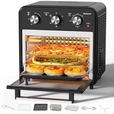 Karienvir Freidora de Aire 20 L, 8 Multifunciones Air Fryer,7 Accesorios, Perilla, Freidora sin Aceite y Horno de Sobremesa, Función mantener caliente, Temporizador, 1800W