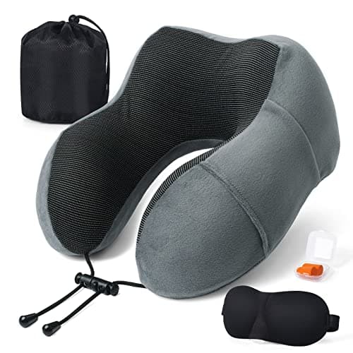 Almohada de Viaje para Cuello, Almohada Cervical para Oficina Avión Tren Coche Viajando, Almohada Cuello Viscoelastica de Espuma Memoria, Cojin de Viaje Cuello con Máscara de Ojos, Tapones y Bolsa