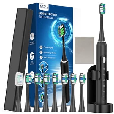 Cepillos de Dientes Electricos Sónico Adultos con 8 Cabezales - Cepillo Electrico Adultos y Infantil con Estuche, 5 Modos, Carga Rápida, Cepillos de Dientes Eléctricos Familia Viajar, Negro