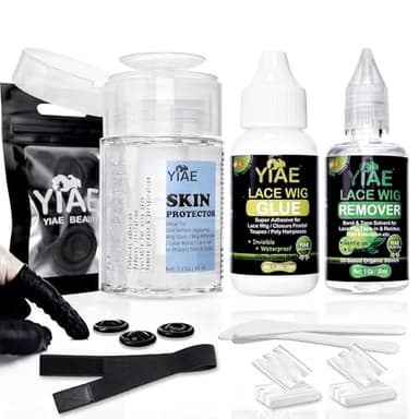 YIAE Kit Profesional Pegamento para Pelucas Invisibles con Protector Piel Sensible - Incluye Removedor Extensiones Adhesivas Aceite Limón, Banda Elástica y Accesorios (38ml Adhesivo Waterproof)