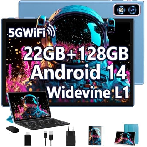 2025 Newest Android 14 Tablet 10 Pulgadas, 22GB RAM+128GB ROM/TF 2TB ,GPS ,5G+2.4G WiFi,Octa-Core 2.0GHz,8000mAh | Cuerpo Metálico | Widevine L1 | GMS Tablet 2 en 1 con Teclado, Funda y Ratón - Azul