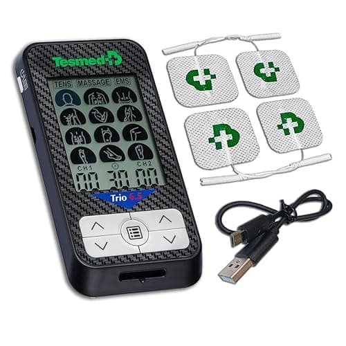 TESMED Trio 6.5: Electroestimulador Muscular Recargable - 36 Programas, 40 Niveles de Intensidad, EMS, TENS y Masaje - para aliviar el dolor muscular y fortalecer los músculo - 4 Electrodos 40x40 mm