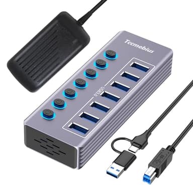 Tccmebius Hub USB Alimentado, Aluminio Hub USB 3.0/USB C de 7 Puertos 5Gbps Datos con Interruptor Independiente LED, Adaptador de Corriente 12V/3A, 2-en-1 Cable Datos 100CM, para Laptop PC (TCC-T307U)
