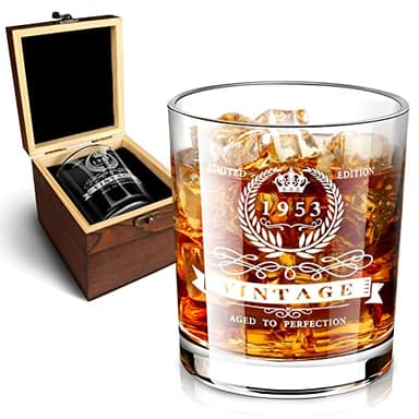 Regalos de 70 cumpleaños para hombres, vaso de whisky de 1953 en caja de madera valiosa, vintage de 1953 aniversario grabado de 12 onzas de whisky para papá de 70 años, marido, amigo