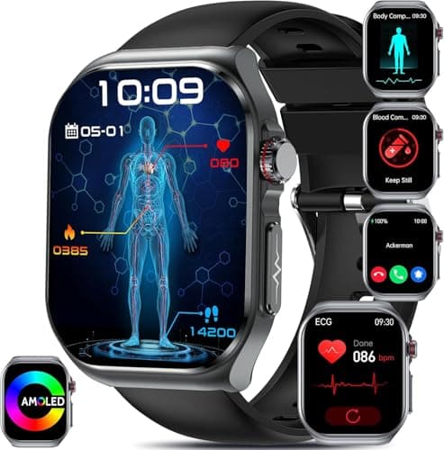 YYKY 2025 ECG Reloj Inteligente con 𝐆𝐥𝐮𝐜𝐞𝐦𝐢𝐚/Ácido Úrico/Lípidos, 2.04" AMOLED Smartwatch con BMI/Fatiga/Emociones, 24/7 Temperatura Corporal, Presión Arterial, Sueño para Android iOS