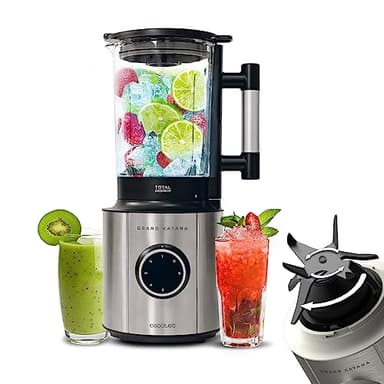 Cecotec Batidora de Vaso Grand Katana 1800 MAX Total Destroy B, Tecnología Contrarrotante, Cuchilla de 8 Hojas con Recubrimiento de Titanio Negro, Jarra Termorresistente 1,8L