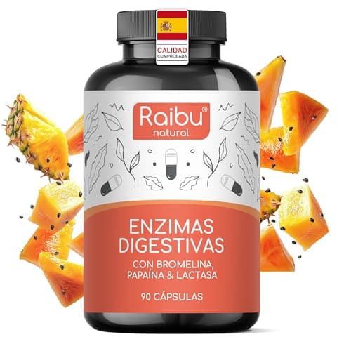Enzimas Digestivas - Bromelina, Papaína, Proteasa, Amilasa, Lipasa, Lactasa y Probioticos - 90 Cápsulas de Alta Concentración - Enzimas Digestivas Potentes y Probado en Laboratorio - Raibu