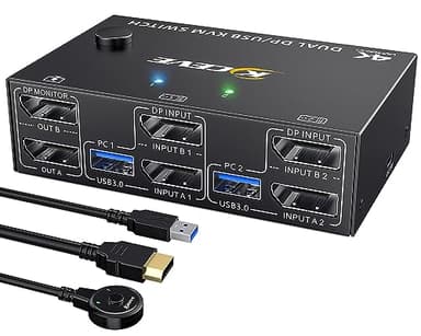 8K Displayport KVM Switch 2 monitores 8K@30Hz 4K@144Hz, Dual Monitor KVM Switch Para 2 Ordenadores Que Comparten 2 Monitores y 4 Dispositivos USB 3.0, con control remoto y cable KVM