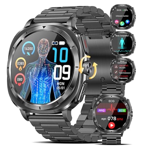 Reloj Inteligente con ECG/𝐆𝐥𝐮𝐜𝐨𝐬𝐚/HRV/Ácido Úrico/Lípidos/BMI/Presión Arterial/Temperatura Corporal, 1.43" AMOLED Salud Smartwatch con NFC Abre La Puerta, Botón de SOS, Sueño para Android iOS