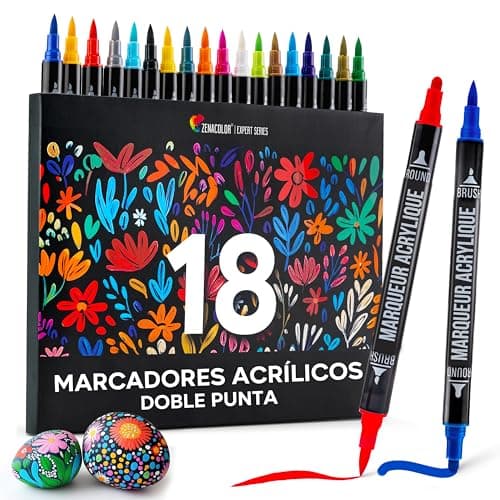 Rotuladores Acrilicos con Doble Punta (Punta Fina y Pincel) - 18 Colores únicos de Rotuladores Permanentes para Distintas Superficies y Obras de Arte - Rotuladores Acrilicos Permanentes