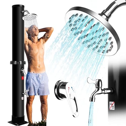40 Litros Ducha Solar de Jardín, Ducha Piscina con Rociador Giratorio y Grifo de pie, Temperatura Ajustable Hasta 60°C, sin Conexión Eléctrica, Ducha Solar Exterior Jardín Piscina Patio Playa (40L)