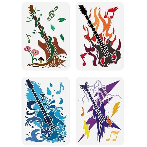 FINGERINSPIRE 4 plantillas reutilizables para guitarras eléctricas, 21 x 29,7 cm, plantilla de pintura de guitarras de rock, decoración de música rock, plantilla de fuego y agua y relámpago para