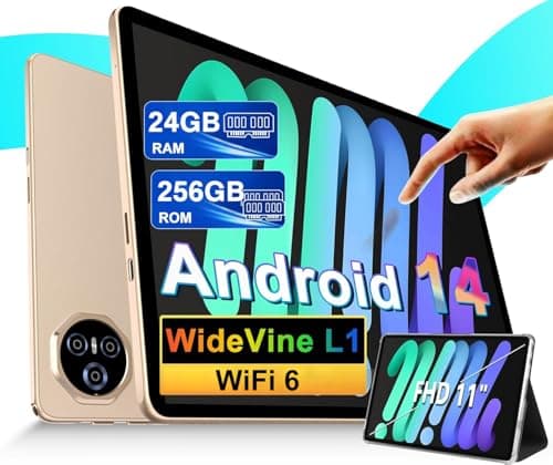 2025 Newest Tablet 11 Pulgadas Android 14 Tablets, 24GB RAM+256GB ROM (2TB TF), FHD IPS, Octa-Core, UFS 2.2 Flash, 8000mAh, 5MP+13MP, Dual WiFi, BT 5.0, Widevine L1, Face ID, Con Carcasa MetÃlica-Gold