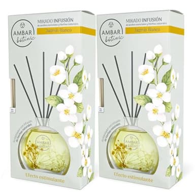 Ambar Botanic Ambientador Mikado Infusión Jazmín Blanco con aceites esenciales y hierbas naturales. 0% Alcohol, El embalaje puede variar, 2x75 ml