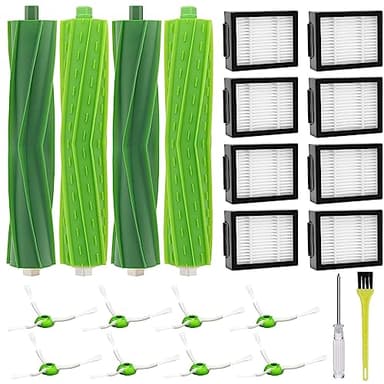 Fictezlove Accesorios para iRobot Roomba i7 i7+ i3 i3+ i4 i4+ i6 i6+ i8+ i8+ E5 E6 E7 Aspirador, 4 Cepillos de Goma, 8 Filtros HEPA, 8 Cepillos Laterales, 1 Destornillador, 1 Cepillo de Limpieza