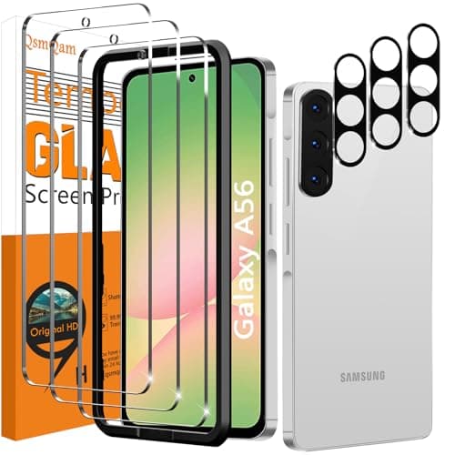 QsmQam 3 Piezas Protector de Pantalla para Samsung Galaxy A56 5G con 3 Piezas Protector de Lente de Cámara, Ultra HD Cristal Templado, Dureza 9H, Anti Arañazos, Sin Burbujas
