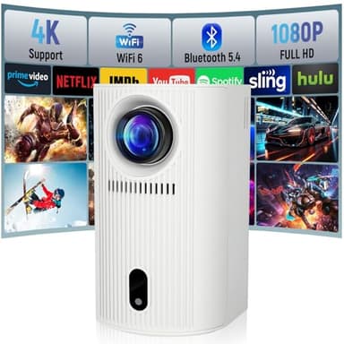 Mini Proyector Portátil - Video Proyector 200 ANSI, Resolución Nativa 1080P Soporte 4K, Android 11.0, WiFi6 Bluetooth 5.4, Corrección Trapezoidal Automática, Giro de Imagen 360°, Cine en Casa