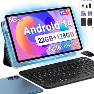 fezawio Tablet 10 Pulgadas Tablets Android 14, 22GB Ram+128GB ROM Octa-Core Tablets 5G WiFi, 8000 Mah, (1tb TF) Tablet con Teclado y RatóN + un año de Seguro contra Rotura de Pantalla- Azul