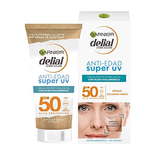 GARNIER DELIAL Crema Solar Facial Uso Diário Alta Protección FPS50 Anti-Edad Con Ácido Hialurónico, Reduce Arrugas Y Líneas De Expresión 50ml
